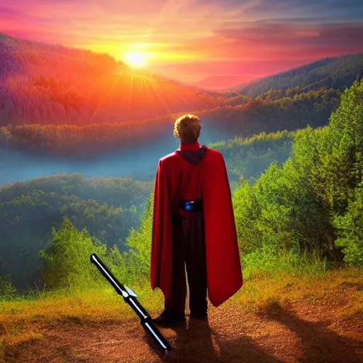 Image similar to man with a cape and holding a lightsaber, on a hill, forest and mountains in background, sunrise, highly detailed, realistic