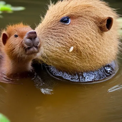 Prompt: capybara baby sitting in a pond, with a duckling on its head