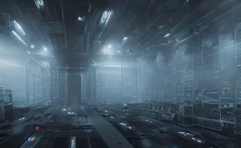 Image similar to extremely detailed cinematic movie still 3 0 7 7 foggy portrait shot of a robot in an endless data centre by denis villeneuve, wayne barlowe, simon birch, marc simonetti, philippe druillet, beeple, bright volumetric sunlight from small windows, rich moody colors