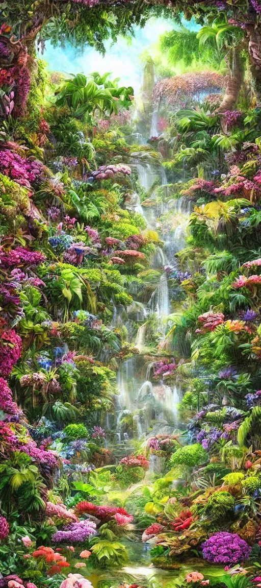 Image similar to cascading concept art of an exotic garden with flowers and big trees, detailed, highly detailed, aesthetic, realistic, hyper realism, colorful, in depth, intricate,