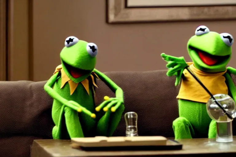 Image similar to candid photo of kermit the frog sitting on the couch hitting a bong, kermit the frog in ted ( 2 0 1 2 ) bong scene, kermit the frog using a bong, kermit smoking weed, bong rip, high resolution photo, trending on artstation, interior design,