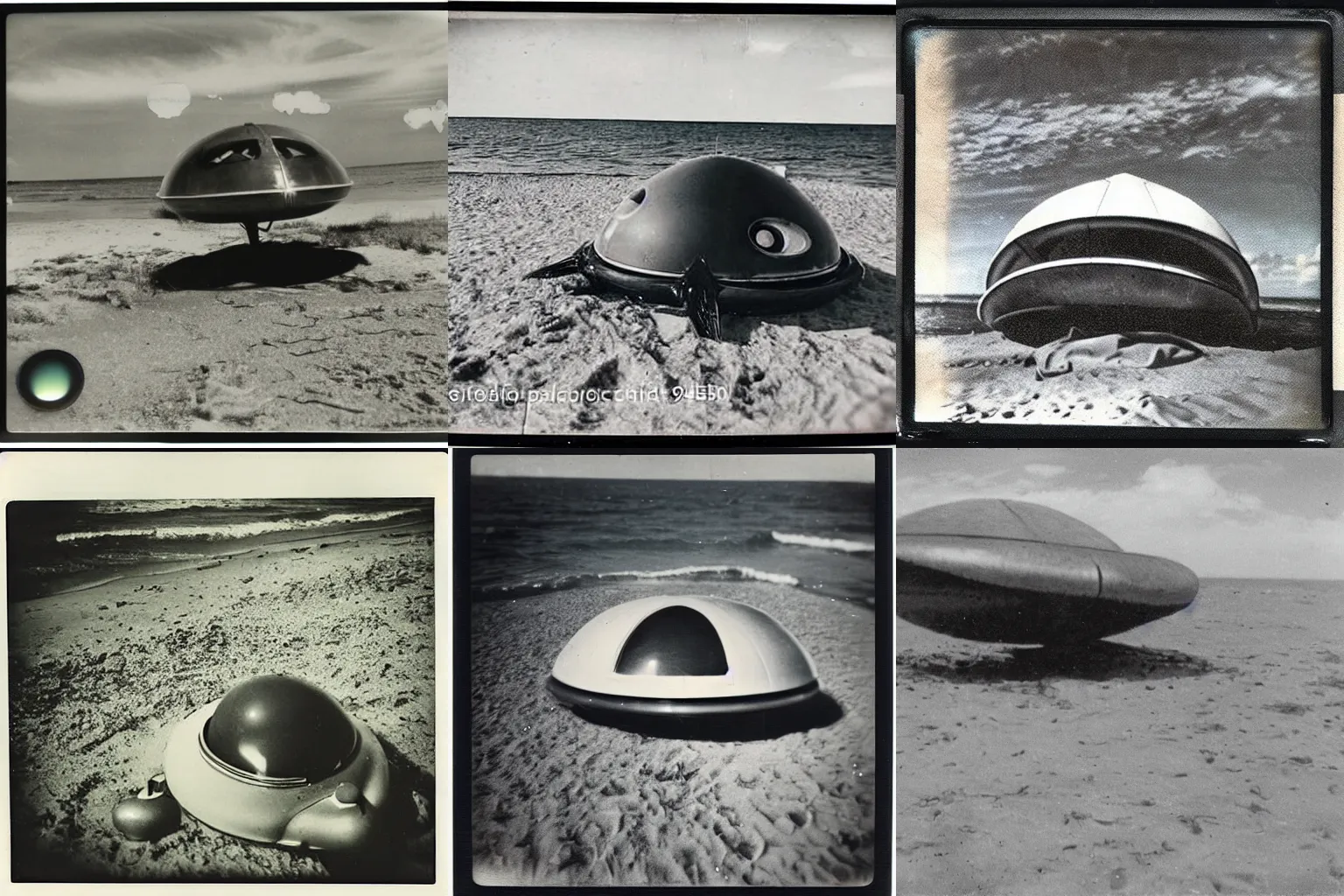 Prompt: 1950s polaroid photo of an alien spaceship crashed on the beach