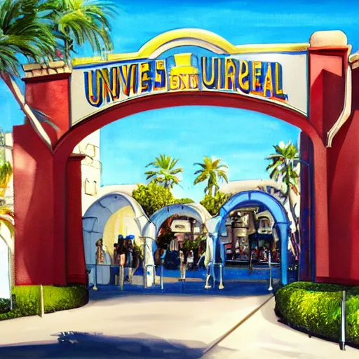 Prompt: painting of universal studios florida entrance arches, artstation