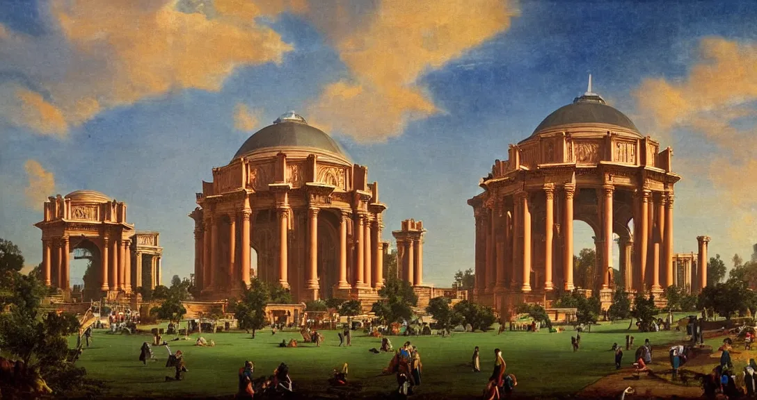 Image similar to the san francisco palace of fine arts during the intergalactic futuristic fair, romantic era painting, majestic