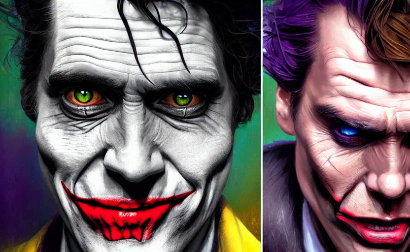 Image similar to highly detailed portrait of jim carrey as the joker wearing a fedora, in batman comic book, stephen bliss, unreal engine, fantasy art by greg rutkowski, loish, rhads, ferdinand knab, makoto shinkai and lois van baarle, ilya kuvshinov, rossdraws, tom bagshaw, global illumination, radiant light, detailed and intricate environment