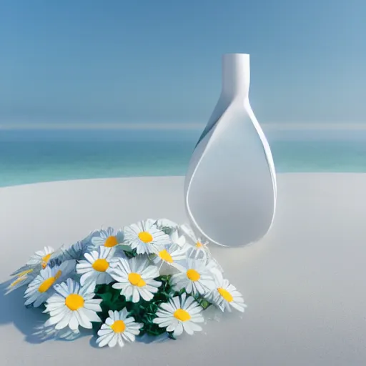 Image similar to perfume bottle buried white daisies on a zen clean modern minimalist beach with an ocean view, frozen and covered in ice, by peter tarka in an ivory room well contoured smooth fair walls, zaha hadid octane highly render, 4 k, ultra hd,