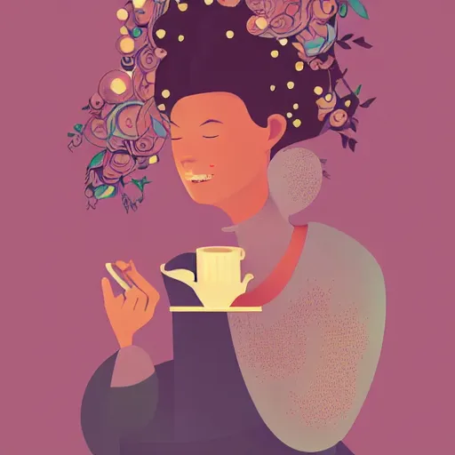 Prompt: illustration of a pretty girl having a cup of coffee, happy feeling, waking up, by malika favre and victo ngai