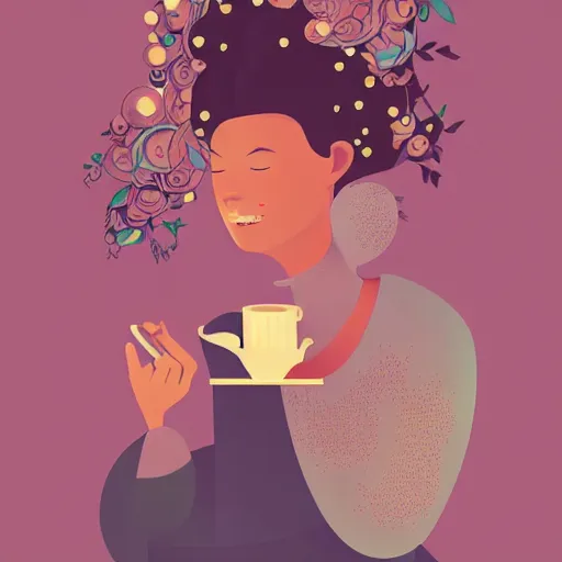 Image similar to illustration of a pretty girl having a cup of coffee, happy feeling, waking up, by malika favre and victo ngai