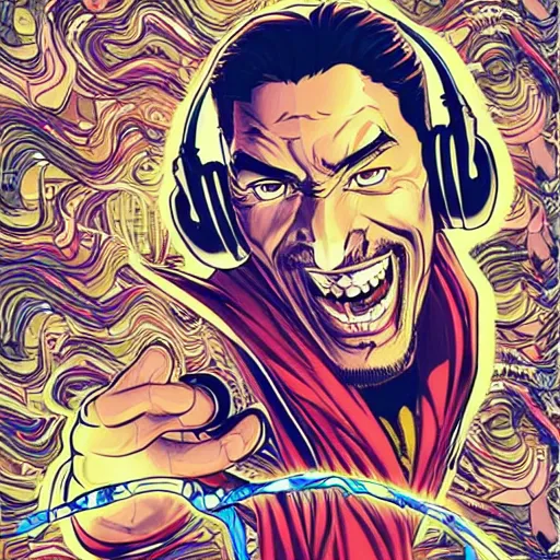 Image similar to artgerm, psychedelic laughing cybertronic dr. strange, rocking out, headphones dj rave, digital artwork, r. crumb, svg vector