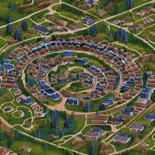 Image similar to a high definition depiction of a village infested by spiral shapes