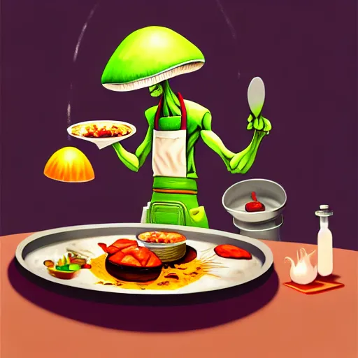 Image similar to alien mushroom chef cooking a meal, fantasy illustration, detailed digital painting, trending on artstation