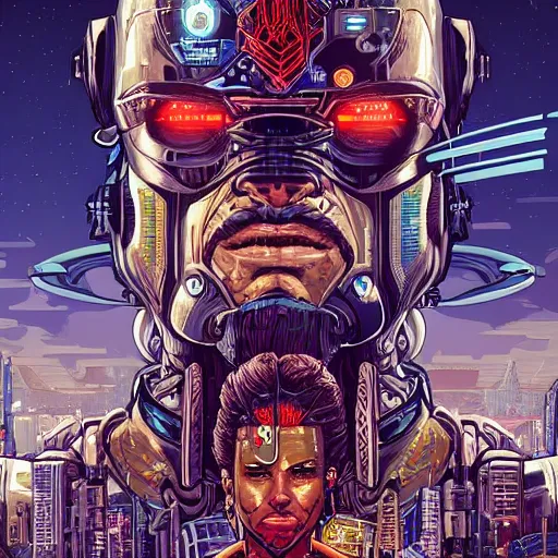 Image similar to portrait of cyborg vikings in a futuristic city by Dan Mumford and Sandra Chevrier, 4k, ultra realistic, artstation trending