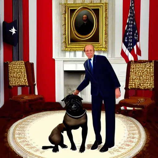 Image similar to a pug president of the usa. in the oval. formal. beautiful. high resolution. highly realistic. close - up.