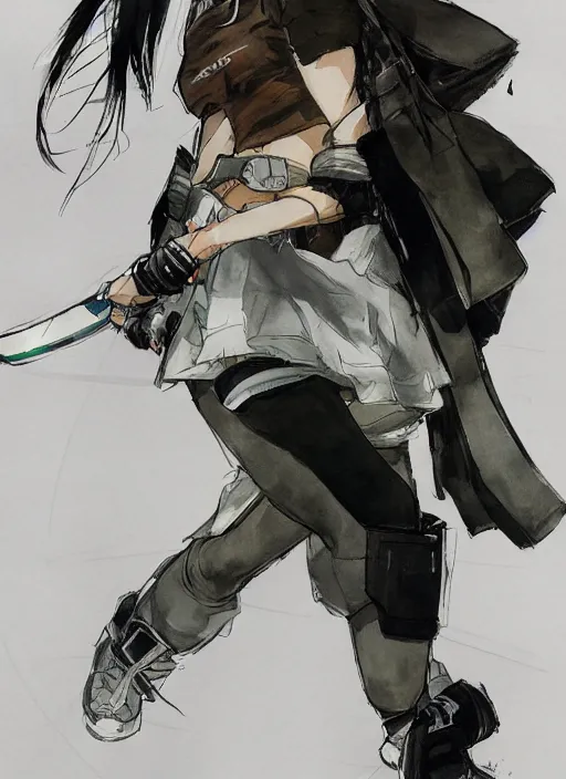 Prompt: a yoji shinkawa sketch of a ninja tennis player girl holding a sword wearing a puffy anorak and short white skirt and yeezy 5 0 0 sneakers