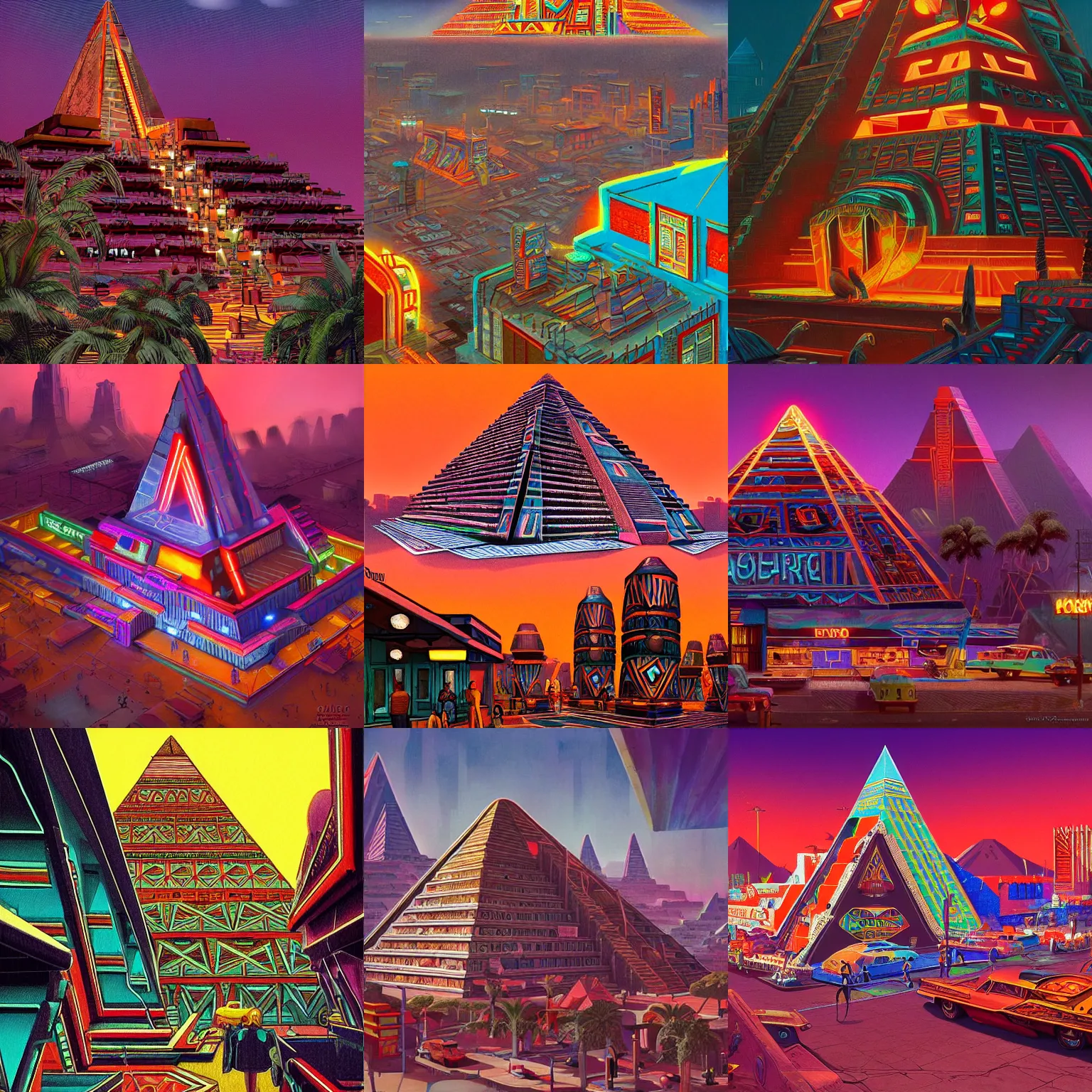 Prompt: Aztec Pyramid googie architecture in 1965 a retro futuristic aztec city, neon signs and googie style apartments highly detailed, digital painting, artstation, concept art, sharp focus, illustration, in style of Dinotopia and James Gurney and Greg Rutkowski