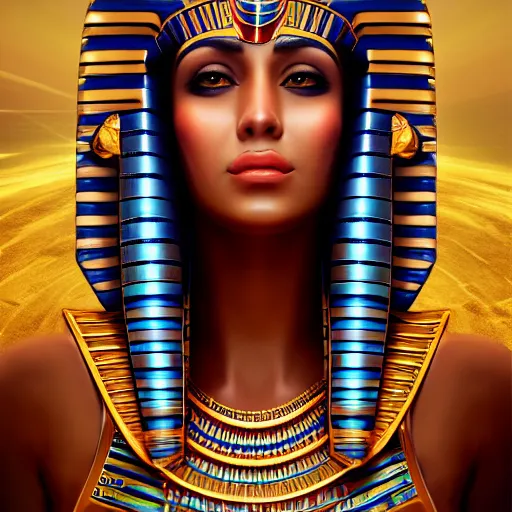 Prompt: a stunning artstation style portrait painting of an Egyptian goddess, in the style of WLOP, eyes filled with a hypnosis spiral, 8k masterpiece, curvy, slim build, full body view, wide view cinematic lighting, pristine clean design, fantasy, insanely detailed, atmospheric