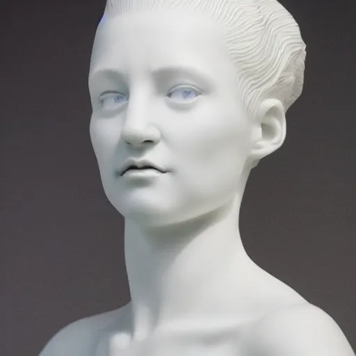 Prompt: full head and shoulders, beautiful female porcelain sculpture by daniel arsham and raoul marks, smooth, all white features, delicate facial features, white eyes, white lashes, detailed white, lots of real blue hair in a winding hairstyle on the head, giant statue in the desert
