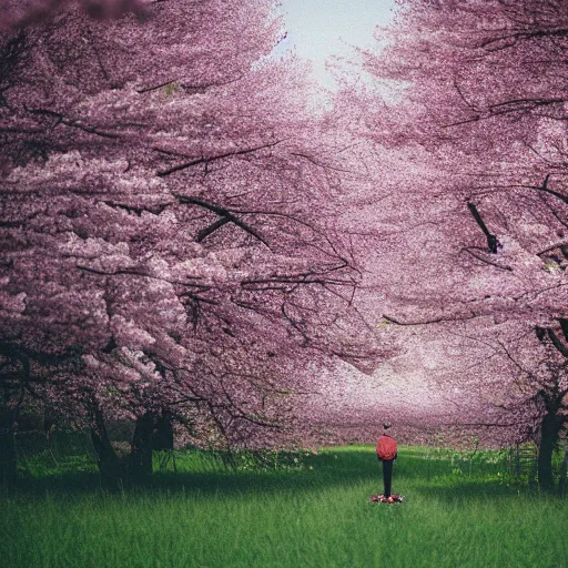 Image similar to kodak portra 4 0 0 photograph of a skinny blonde guy standing in field of cherry blossom trees, back view, flower crown, moody lighting, telephoto, 9 0 s vibe, blurry background, vaporwave colors, faded!,