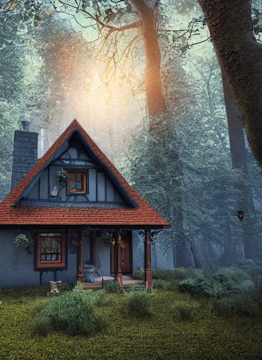 Image similar to hyper realistic homely ornate witch cottage architectural, in the woods gorgeous lighting, blue sky, highly detailed, lush forest architectural render, octane render, ue 5 raytraced