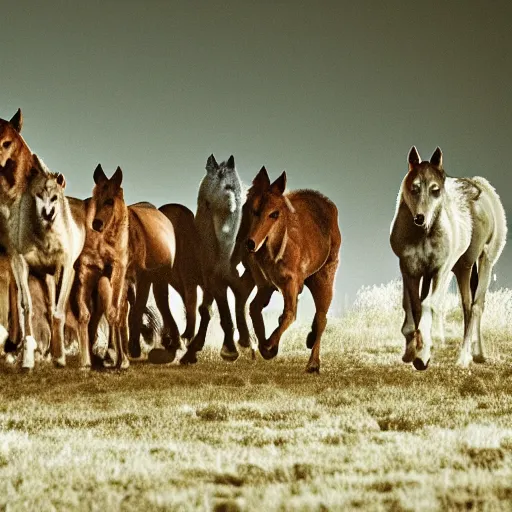 Image similar to wolf pack surrounding two horses at night