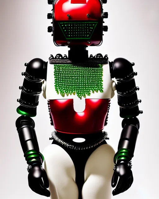 Image similar to symmetrical portrait of a cyborg wearing a silicone swarovski studded red beauty mask and green hair buns, wearing a black bodysuit armour by alexander mcqueen, cream white background, soft diffused light, biotechnology, humanoid robot, bjork aesthetic, translucent, by rineke dijkstra, intricate details, highly detailed, masterpiece,