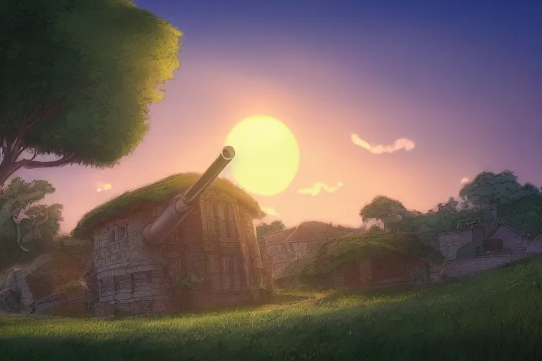 Prompt: tank firing at a building the shire at sunset in the style of ghibli, 8 k, artstation, award wining, rutkowski, shinkai