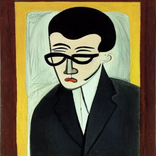 Prompt: a portrait of a young man with brown hair and glasses. He is wearing a tuxedo. By Picasso