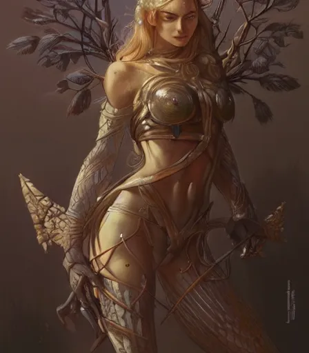 Image similar to Attractive Dryad, armored, dungeons and dragons portrait, highly detailed, digital painting, artstation, concept art, sharp focus, illustration, art by artgerm and greg rutkowski and alphonse mucha