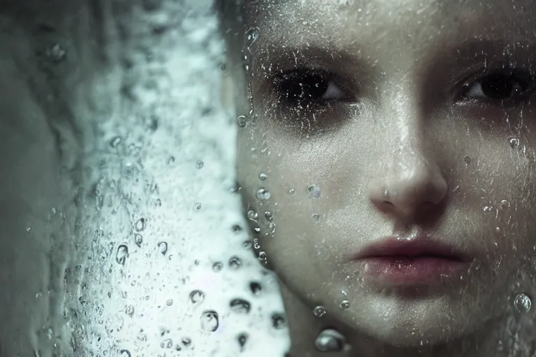 Image similar to an ultra realistic, cinematic, fantasy, portrait, of a woman, face in water, dramatic, soft light, dreamy, facial features, stood in a cell, with prison clothing, detailed, deep focus, movie still, dramatic lighting, ray tracing, by michal karcz and yoshitaka amano