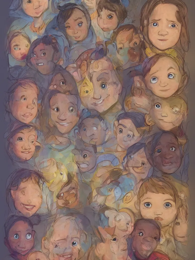Prompt: children's faces filling the page by disney concept artists, blunt borders, golden ratio, beautiful light