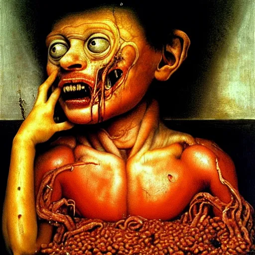 Image similar to a boy like eraserhead sitting in a bathtub full of tomato sauce, looking straight into camera, screaming in pain, by giuseppe arcimboldo and ambrosius benson, renaissance, fruit, intricate and intense oil paint, a touch of beksinski and hr giger, realistic