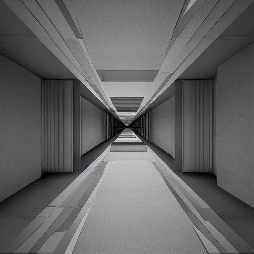 Image similar to symmetry, parallel perspective with center end point, parallax mapping of brutalist room, by maurits cornelis escher, octane render, high quality