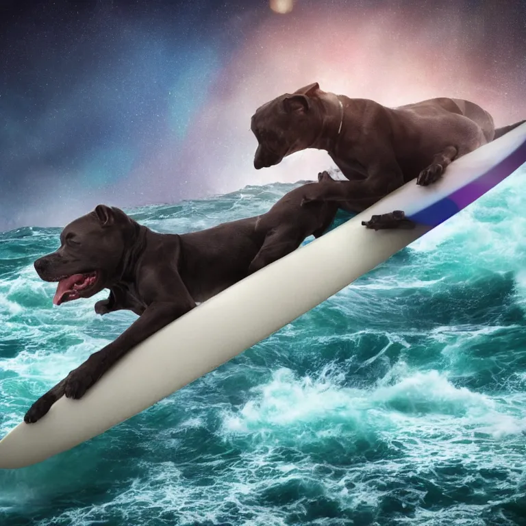 Image similar to photo of a dark charcoal coat pit bull with a white paws, surfing on a surfboard in a crashing wave of alien ocean in space, background is an alien galaxy, matte, aliens in the background, alien colors, octane render, unreal engine, wide view, 8 k, high detaild