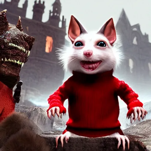 Prompt: stuart little as a monstrous dark souls boss, wearing a red sweater and his fur is white, visually grotesque, unreal engine 2, red sports car in the background
