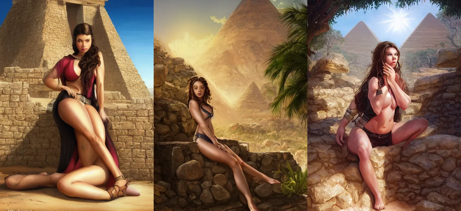 Prompt: portrait of muscled Michelle Trachtenberg resting at pyramid ruins, oasis, sun beams, elegant, highly detailed, centered, sharp digital painting, Artstation, concept art, smooth, sharp focus, illustration, Allan Lee, John Howe, Joseph Christian Leyendecker, WLOP, Boris Vallejo, Artgerm