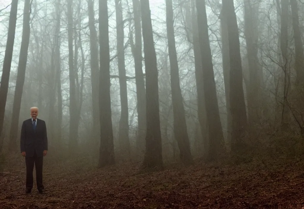 Prompt: low quality iphone photo of joe biden standing ominously deep in the foggy woods with a demonic smile in his face, low visibility creepy