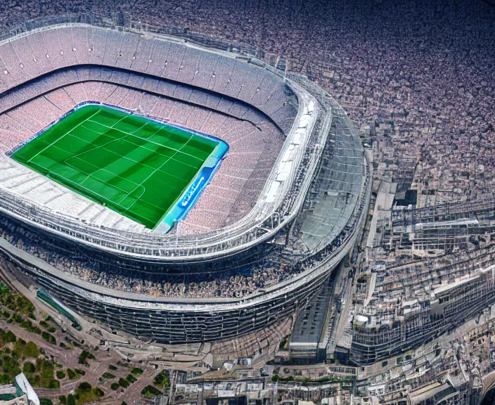 Prompt: 4 k hd, high detail photograph of the santiago bernabeu stadium from above, shot with sigma f / 4. 2, 2 5 0 mm sharp lens, wide shot, consistent, isometric view, volumetric lighting, high level texture render