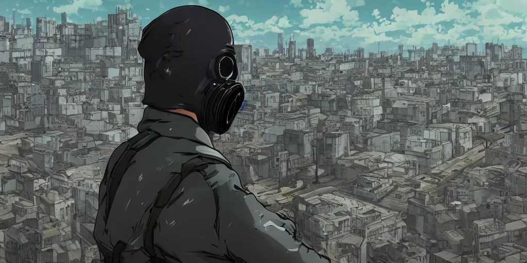 Image similar to A Guy with gas mask on top of a car looking at the city in the distance horizon, Digital art, Anime Style, Cinematic, Stalker Style, Post apocalypse