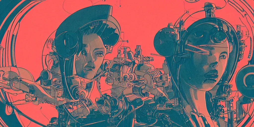 Image similar to a risograph of a futuristic vintage sci - fi, 2 d matte gouache illustration, gigantic woman playing with mechanical floating head shooting lasers from it's eyes, ornate, detailed, dramatic, ominous, drawing by moebius and satoshi kon, saturated colors, grainy, 8 k