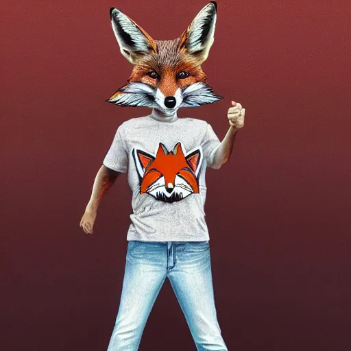 Image similar to A fox wearing a t-shirt and jeans, energetic, dynamic, digital art