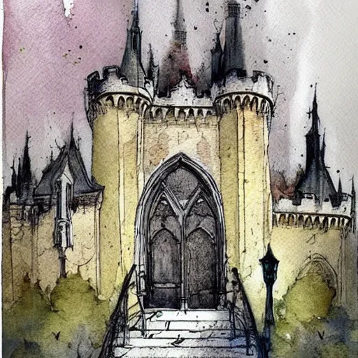 Image similar to (((((((watercolor sketch of Gothic revival castle gatehouse. painterly, book illustration watercolor granular splatter dripping paper texture. pen and ink))))))) . muted colors. by Jean-Baptiste Monge !!!!!!!!!!!!!!!!!!!!!!!!!!!!!!!!!!!!!!!!