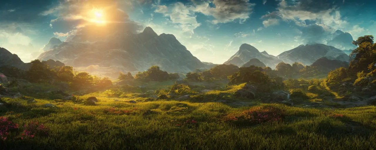 Prompt: sun path with five suns in the sky, a magical lush highland landscape in the background with mountains far away, hypermaximalistic, high details, cinematic, 8k resolution, beautiful detailed, insanely intricate details, artstation trending, octane render, unreal engine