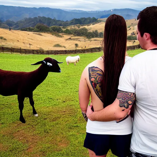 Image similar to portrait of a young chunky bald white male tattoos and his young white female brown hair wife with tattoos. male is wearing a white t - shirt, tan shorts, white long socks. female is has long brown hair and a lot of tattoos. photo taken from behind them overlooking the field with a goat pen. rolling hills in the background of california and a partly cloudy sky