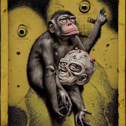 Image similar to measles on a deformed hideous pustule covered monkey, sores, bumps, skin wounds, surface hives, growths, horror, fantasy, highly detailed, by Dan Hillier