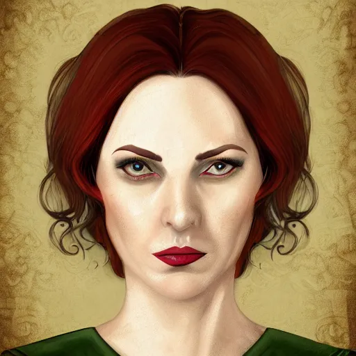 Image similar to head portrait, full faced, 40 years old women, dark red hair, green eyes, in beige historic clothing, high detail, digital art, medieval fantasy