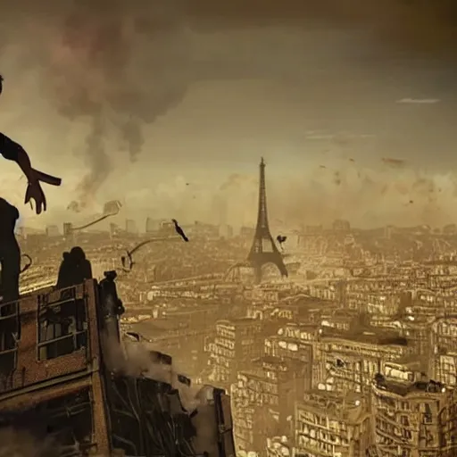 Image similar to A Guy standing a top of Eiffel tower, Zombie apocalypse, Zombie everywhere, Fire everywhere, Building destroyed, People screaming, Horde of zombies,