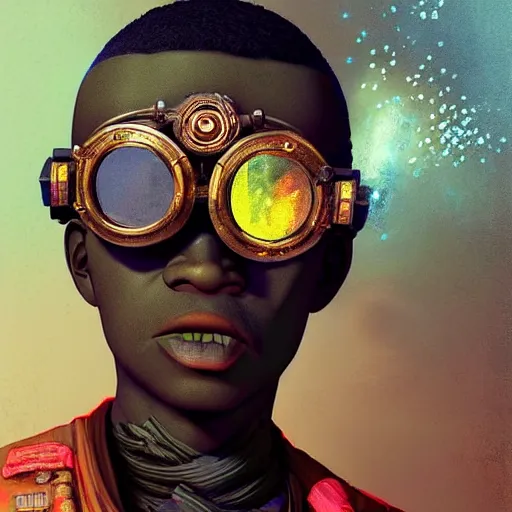 Image similar to colourful vfx art of a nigerian boy wearing steam punk goggles, art by utagawa kunisada & james jean, volumetric light, ray tracing, unreal engine, octane 3 d render, sharp, detailed, digital painting, illustration, highly detailed, intricate detail, pinterest, behance, art station,