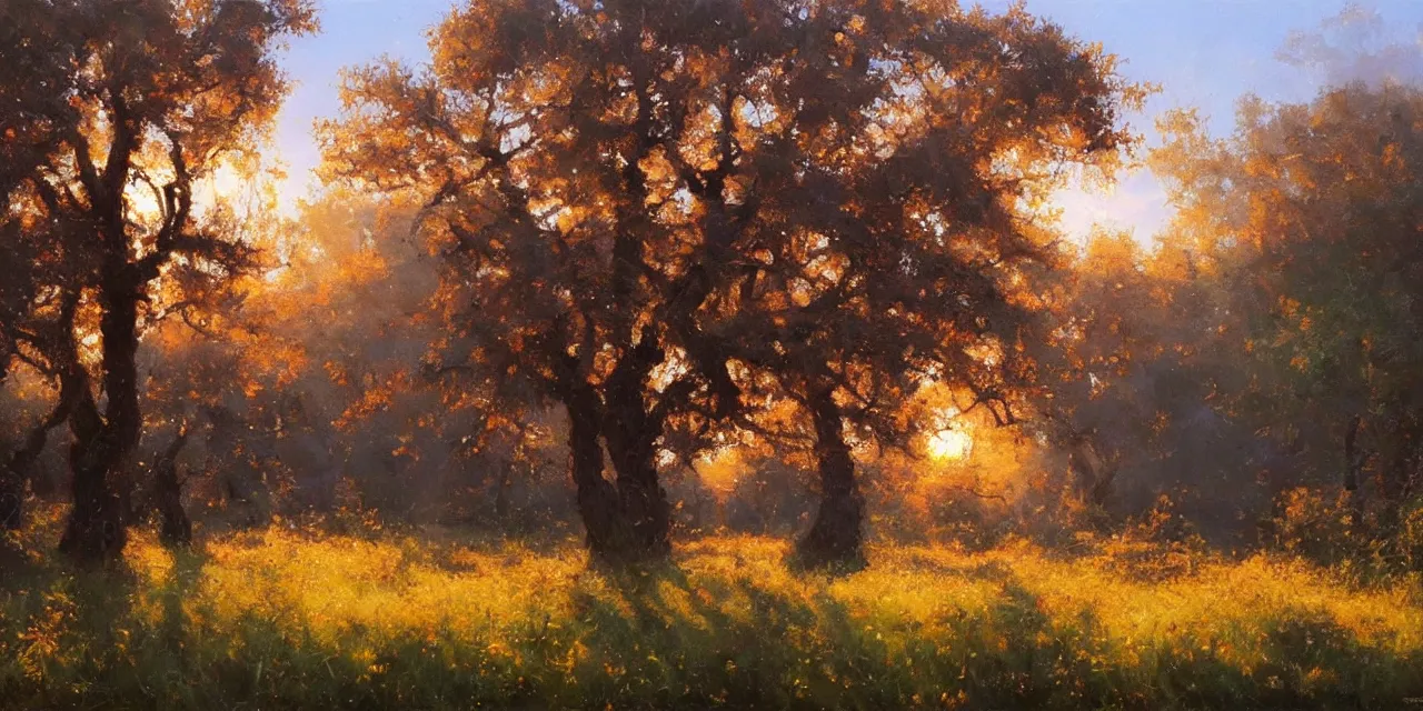 Image similar to a beautiful, stunning oil painting of a landscape with giant oak and alder trees in spring during sunset by craig mullins