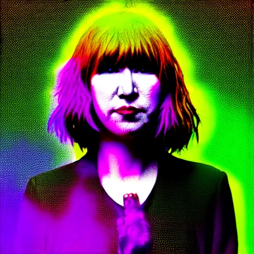 Image similar to Karen O of the Yeah Yeah Yeahs. Glitch effect. Pixel glitch. Chromatic Aberration. data moshing glitch art. 4k.