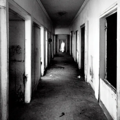 Prompt: very old photo ghostly appearance in the corridors of an abandoned hospital